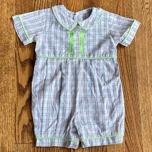 Plaid with monogram H, Remember Nguyen button one piece, size 18 months.